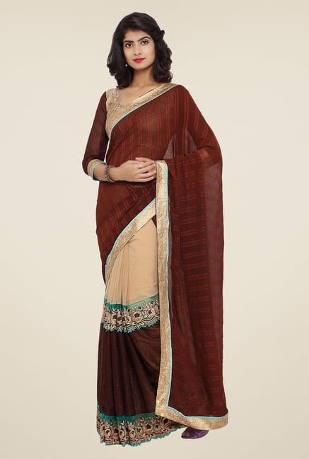 Triveni Brown Embroidered Faux Georgette Saree Triveni Brown Embroidered Faux Georgette Saree