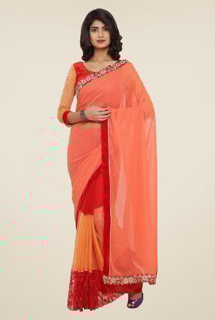 Triveni Peach Embroidered Faux Georgette Saree Triveni Peach Embroidered Faux Georgette Saree