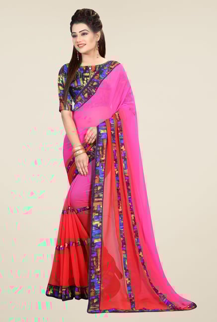 Triveni Red & Pink Printed Faux Georgette Saree Triveni Red & Pink Printed Faux Georgette Saree