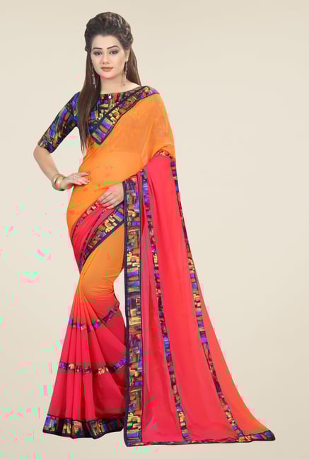 Triveni Pink & Orange Printed Faux Georgette Saree Triveni Pink & Orange Printed Faux Georgette Saree
