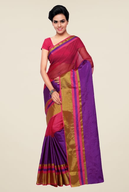 Triveni Purple & Magenta Striped Silk Saree Triveni Purple & Magenta Striped Silk Saree