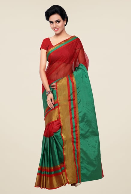 Triveni Green & Red Striped Silk Saree Triveni Green & Red Striped Silk Saree