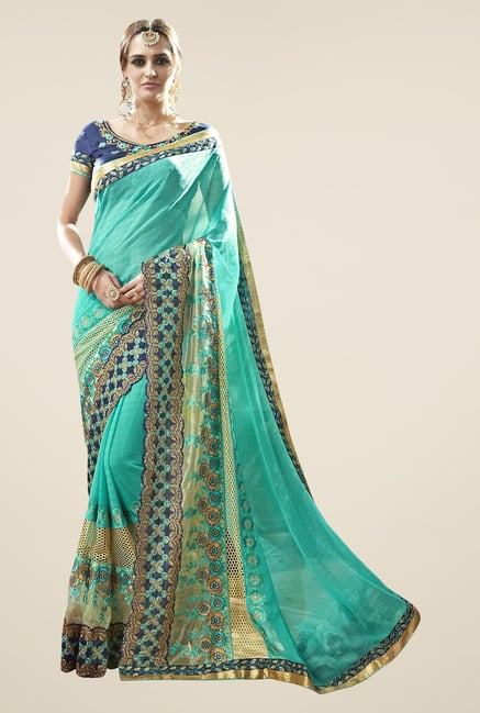 Triveni Turquoise Embroidered Faux Georgette Saree Triveni Turquoise Embroidered Faux Georgette Saree