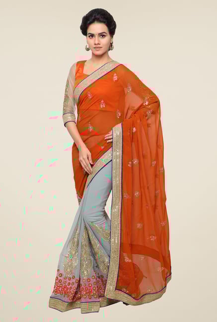 Triveni Grey & Rust Embroidered Faux Georgette Saree Triveni Grey & Rust Embroidered Faux Georgette Saree