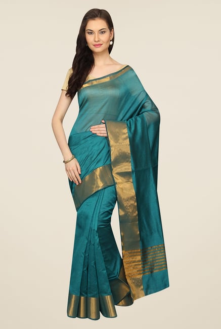 Pavecha's Teal Solid Cotton Polyblend Banarasi Saree Pavecha's Teal Solid Cotton Polyblend Banarasi Saree