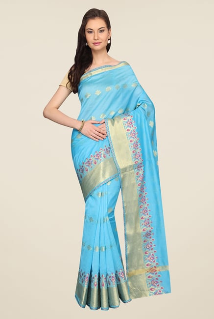 Pavecha's Turquoise Printed Cotton Polyblend Banarasi Saree Pavecha's Turquoise Printed Cotton Polyblend Banarasi Saree
