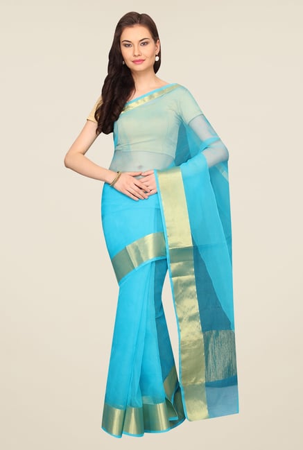 Pavecha's Turquoise Solid Cotton Polyblend Banarasi Saree Pavecha's Turquoise Solid Cotton Polyblend Banarasi Saree