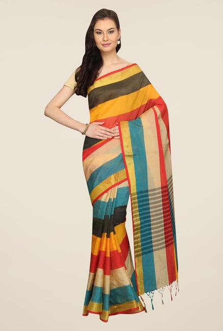 Pavecha's Multicolor Striped Cotton Polyblend Banarasi Saree Pavecha's Multicolor Striped Cotton Polyblend Banarasi Saree