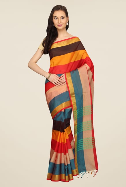 Pavecha's Multicolor Striped Cotton Polyblend Banarasi Saree Pavecha's Multicolor Striped Cotton Polyblend Banarasi Saree
