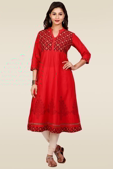 Mytri Red Printed Regular Fit Kurta Mytri Red Printed Regular Fit Kurta
