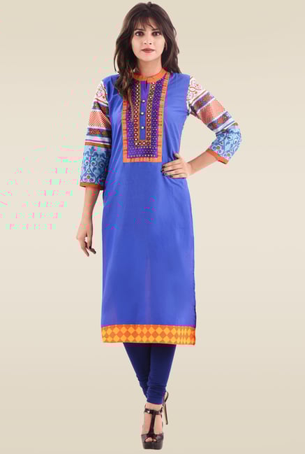 Hirshita Blue & Orange Printed Regular Fit Kurti Hirshita Blue & Orange Printed Regular Fit Kurti