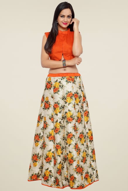 Triveni Off-White & Orange Regular Fit Lehenga Choli Triveni Off-White & Orange Regular Fit Lehenga Choli