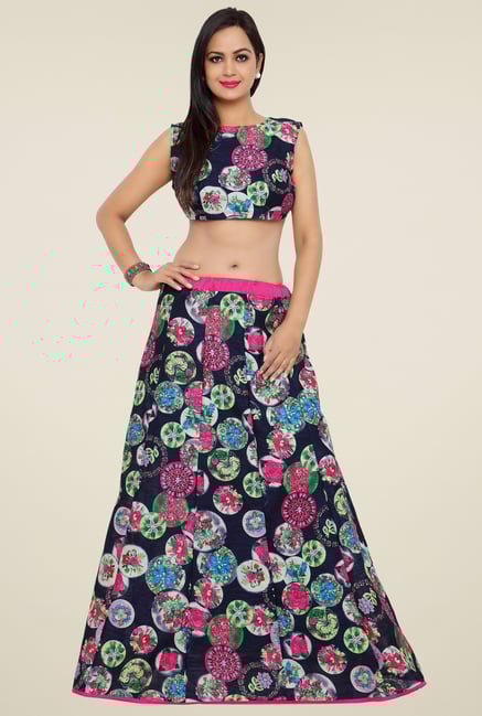 Triveni Blue Printed Sleeveless Lehenga Choli Triveni Blue Printed Sleeveless Lehenga Choli