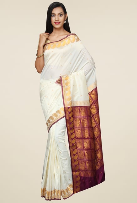 Pavecha Off-White Banarasi Zari Saree with Blouse Pavecha Off-White Banarasi Zari Saree with Blouse