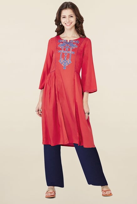 Global Desi Red Embroidered Kurta Global Desi Red Embroidered Kurta