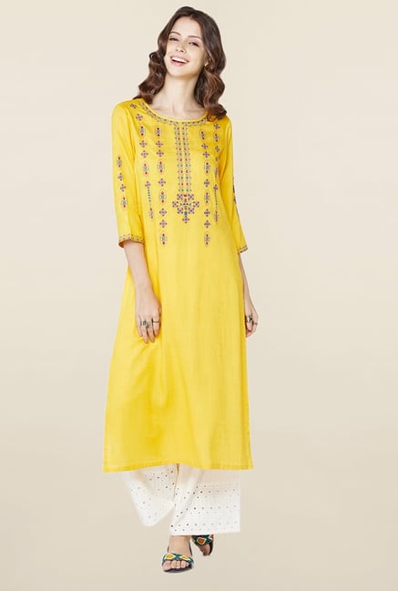 Global Desi Yellow Embroidered Kurta Global Desi Yellow Embroidered Kurta