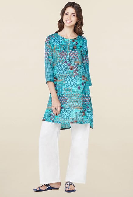 Global Desi Teal Printed Kurti Global Desi Teal Printed Kurti