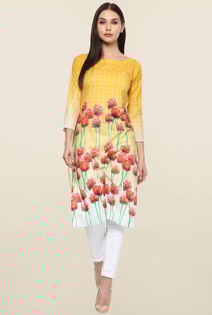 Ahalyaa Yellow Floral Print Cotton Kurta Ahalyaa Yellow Floral Print Cotton Kurta