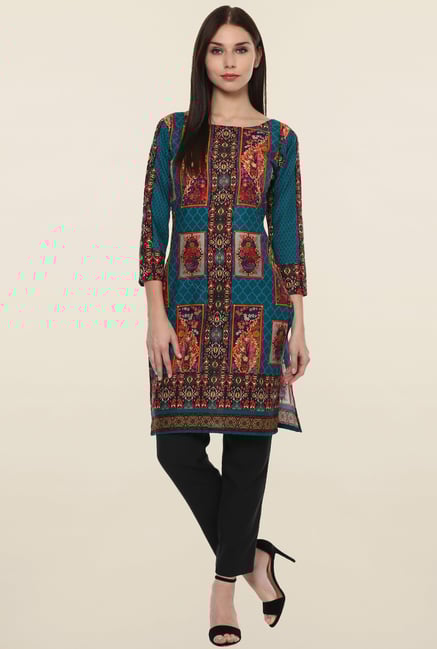 Ahalyaa Teal Printed Cotton Kurti Ahalyaa Teal Printed Cotton Kurti