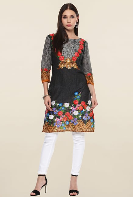 Ahalyaa Black Floral Print Cotton Kurti Ahalyaa Black Floral Print Cotton Kurti
