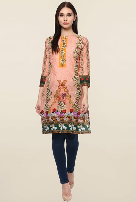 Ahalyaa Peach Floral Print Cotton Kurti Ahalyaa Peach Floral Print Cotton Kurti