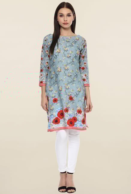 Ahalyaa Light Blue Floral Print Cotton Kurti Ahalyaa Light Blue Floral Print Cotton Kurti