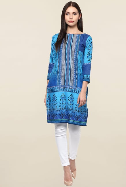 Ahalyaa Blue Printed Cotton Kurti Ahalyaa Blue Printed Cotton Kurti