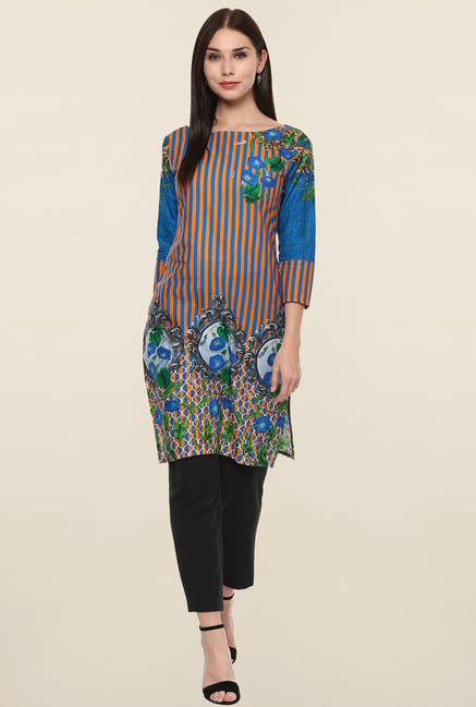 Ahalyaa Blue & Orange Striped Cotton Kurti Ahalyaa Blue & Orange Striped Cotton Kurti