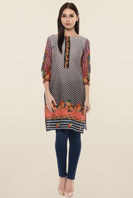 Ahalyaa Grey Printed Cotton Kurti Ahalyaa Grey Printed Cotton Kurti