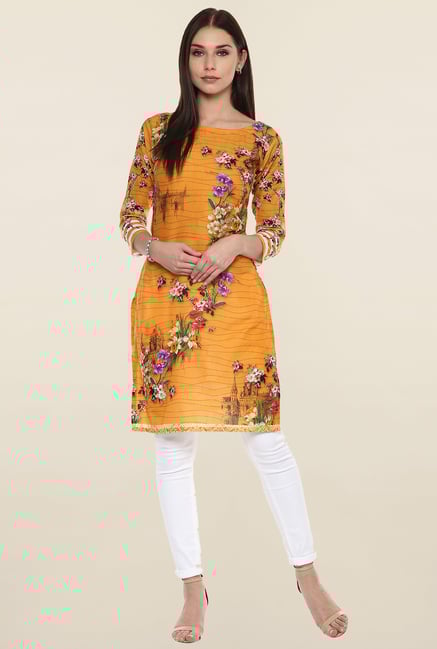 Ahalyaa Yellow Floral Print Cotton Kurti Ahalyaa Yellow Floral Print Cotton Kurti