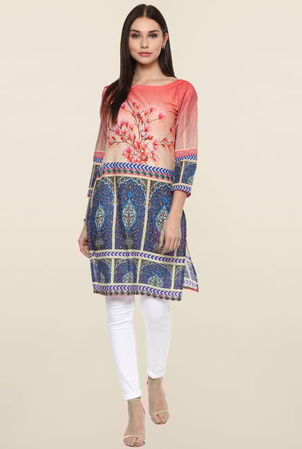 Ahalyaa Peach & Blue Printed Cotton Kurti Ahalyaa Peach & Blue Printed Cotton Kurti
