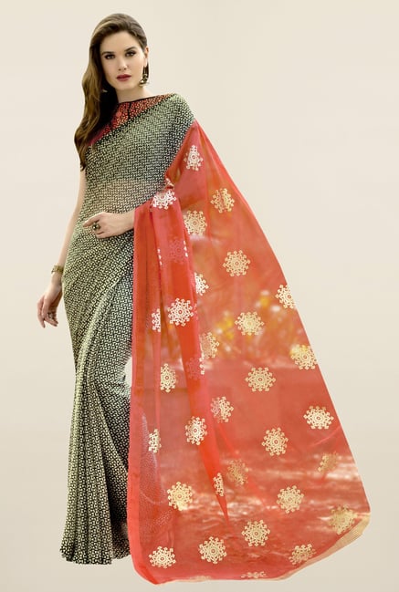 Triveni Black & Orange Printed Chiffon Saree Triveni Black & Orange Printed Chiffon Saree