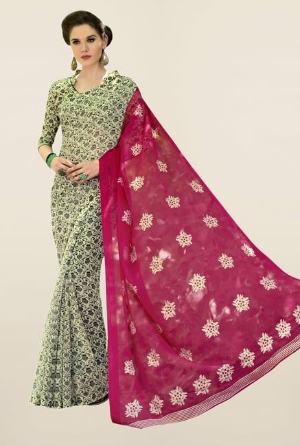 Triveni Cream & Pink Printed Chiffon Saree Triveni Cream & Pink Printed Chiffon Saree