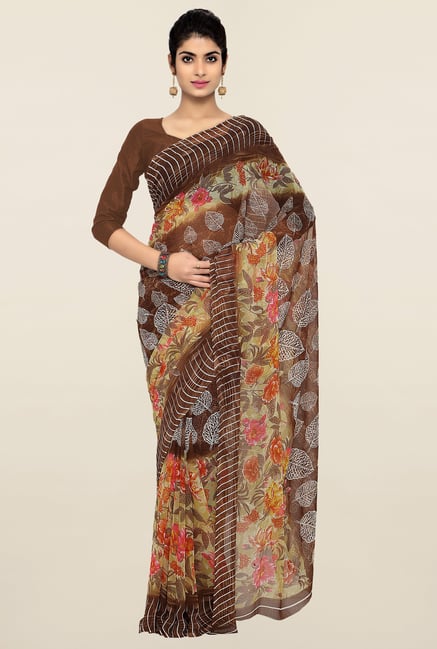Triveni Brown Printed Chiffon Saree Triveni Brown Printed Chiffon Saree