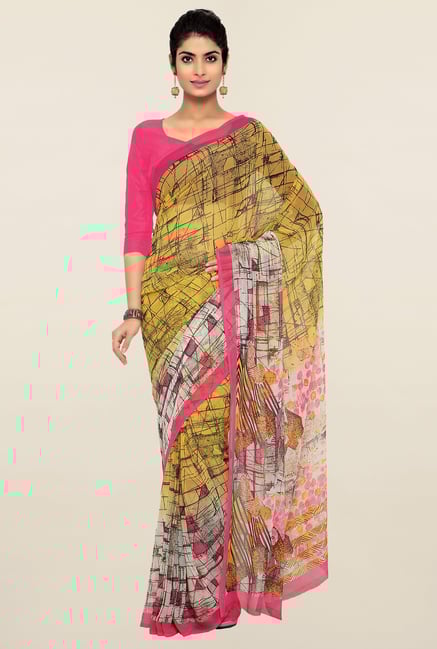 Triveni Yellow Printed Chiffon Saree Triveni Yellow Printed Chiffon Saree