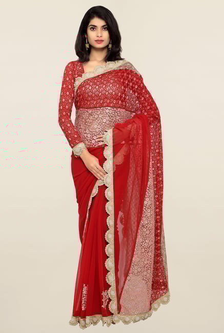 Triveni Maroon Embroidered Chiffon Saree Triveni Maroon Embroidered Chiffon Saree