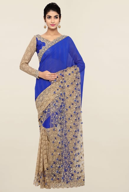 Triveni Blue & Beige Lace Faux Georgette Saree Triveni Blue & Beige Lace Faux Georgette Saree
