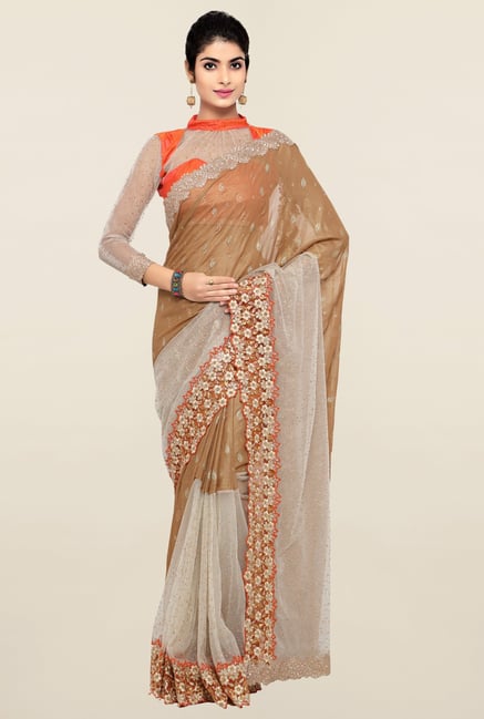 Triveni Beige Embellished Faux Georgette Saree Triveni Beige Embellished Faux Georgette Saree