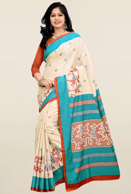 Triveni Cream Printed Art Silk Saree Triveni Cream Printed Art Silk Saree