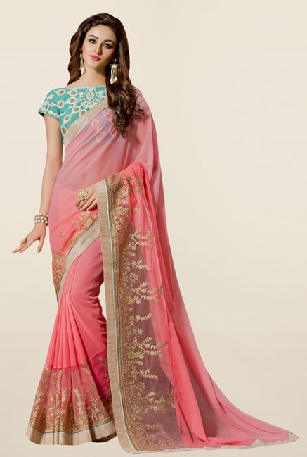 Triveni Peach Embroidered Faux Georgette Saree Triveni Peach Embroidered Faux Georgette Saree