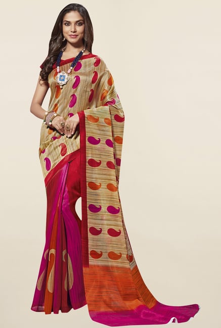Triveni Pink & Red Paisley Print Art Silk Saree Triveni Pink & Red Paisley Print Art Silk Saree