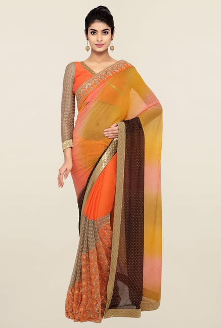 Triveni Orange & Yellow Embroidered Chiffon Saree Triveni Orange & Yellow Embroidered Chiffon Saree