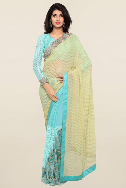 Triveni Blue & Beige Embroidered Faux Georgette Saree Triveni Blue & Beige Embroidered Faux Georgette Saree