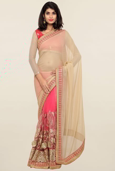 Triveni Pink & Beige Embroidered Faux Georgette Saree Triveni Pink & Beige Embroidered Faux Georgette Saree