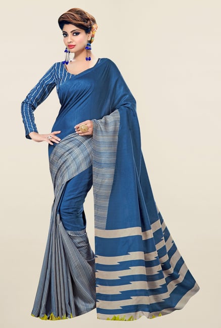 Triveni Navy Striped Bhagalpuri Silk Saree Triveni Navy Striped Bhagalpuri Silk Saree