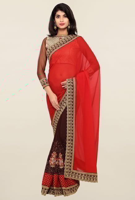 Triveni Brown & Red Embroidered Faux Georgette Saree Triveni Brown & Red Embroidered Faux Georgette Saree