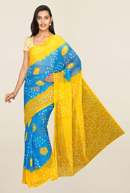 Pavecha's Blue & Yellow Bandhani Banarasi Chiffon Saree Pavecha's Blue & Yellow Bandhani Banarasi Chiffon Saree