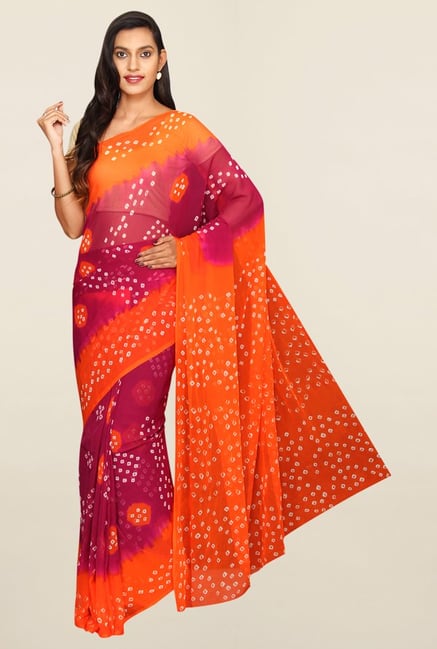 Pavecha's Maroon & Orange Bandhani Banarasi Chiffon Saree Pavecha's Maroon & Orange Bandhani Banarasi Chiffon Saree