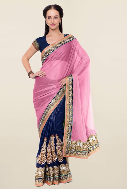 Triveni Navy & Pink Embroidered Net Saree Triveni Navy & Pink Embroidered Net Saree
