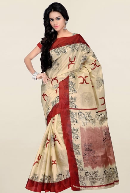 Triveni Beige Printed Silk Saree Triveni Beige Printed Silk Saree